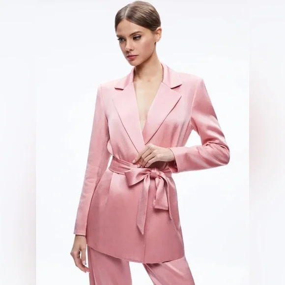 NWT $595 Alice + Olivia Karley Tie Belt Wrap Satin Blazer Coat - Picture 2 of 8